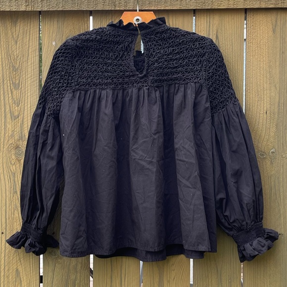 Anthropologie Maeve Pin Tuck Smocked Peasant Blouse Black - Picture 4 of 5